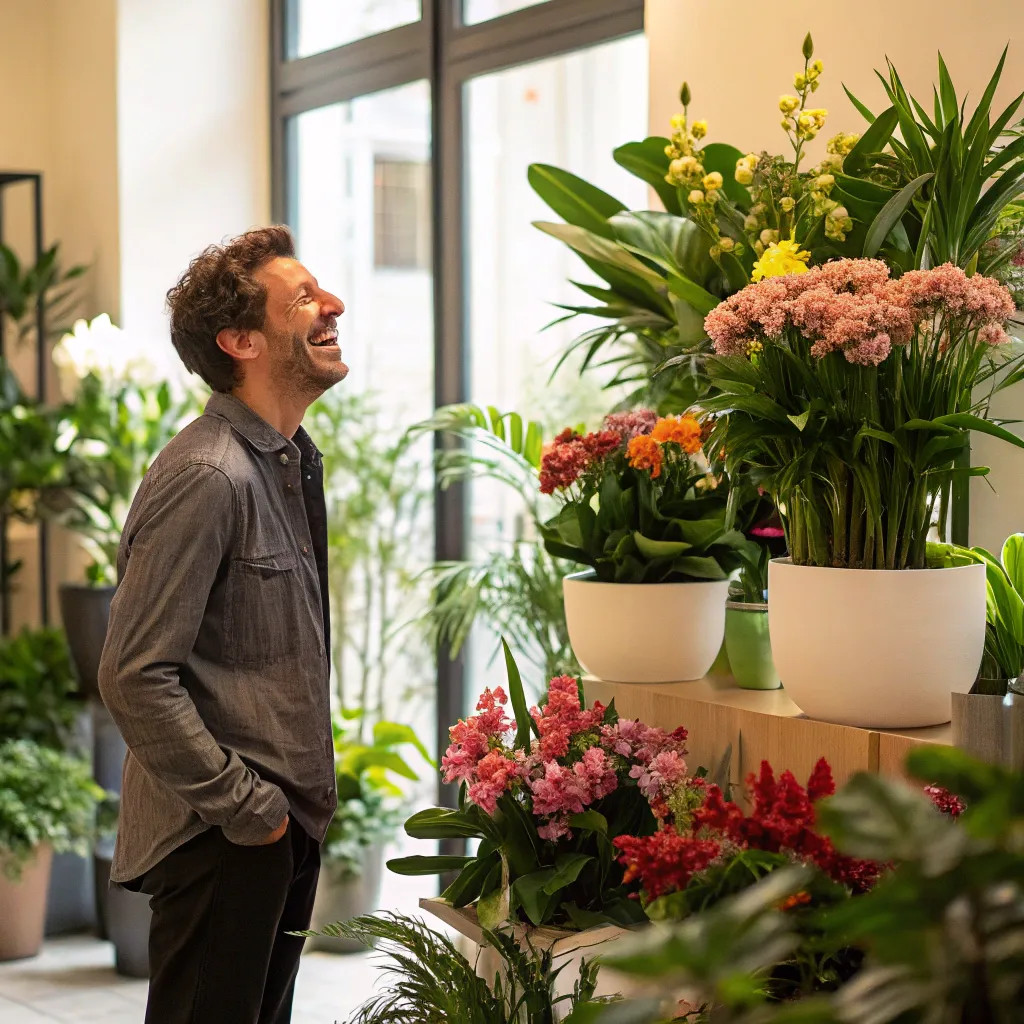 Man delighted with plant arrangement