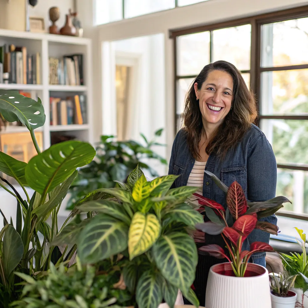 Smiling woman with houseplants